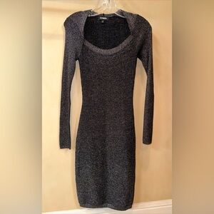Express Black Silver Sparkle Long Sleeve Ribbed Stretch Bodycon Dress Extra S
